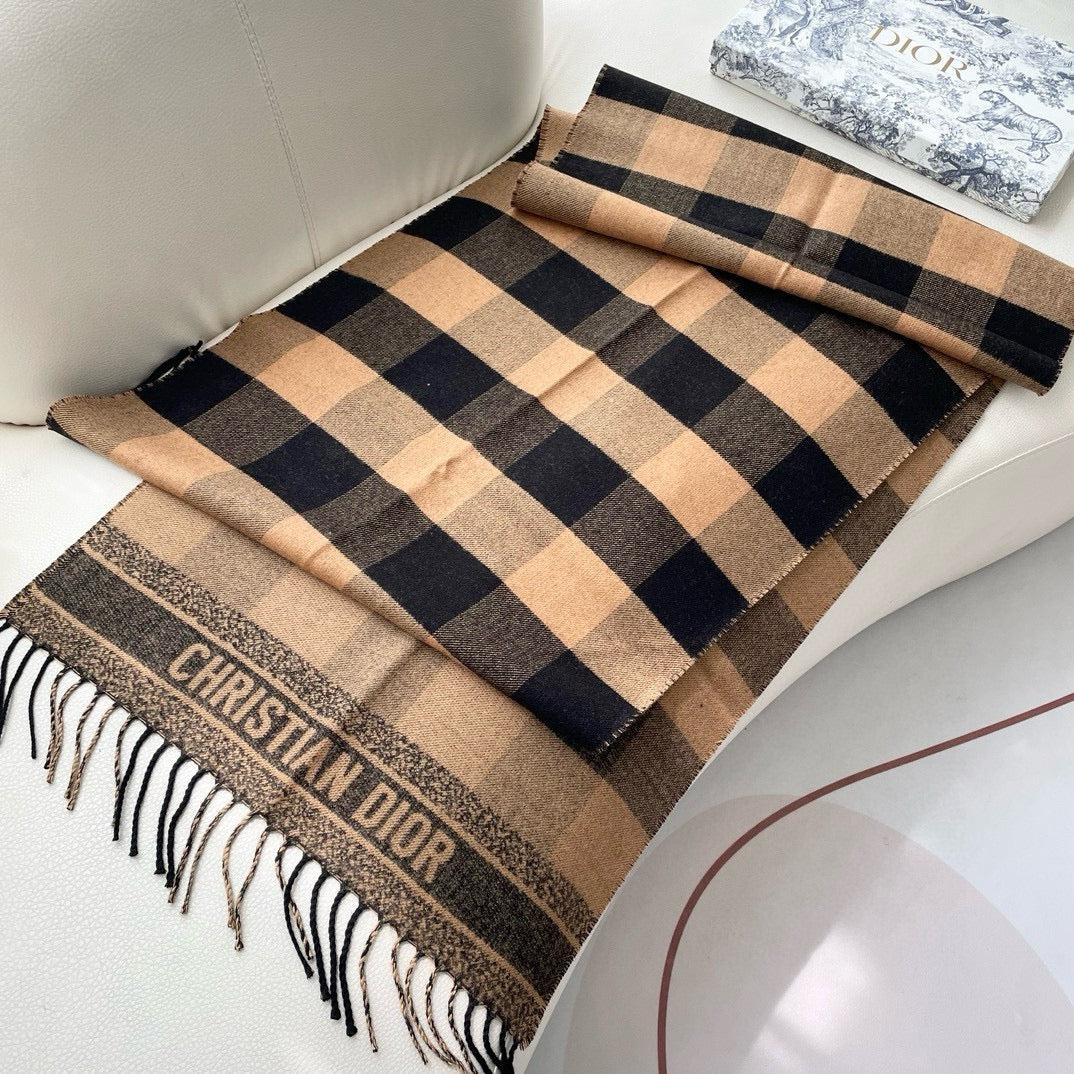 DIOR CHECK SCARF 180 CM IN BLACK MIX SAND YELLOW CASHMERE AND WOOL 415298