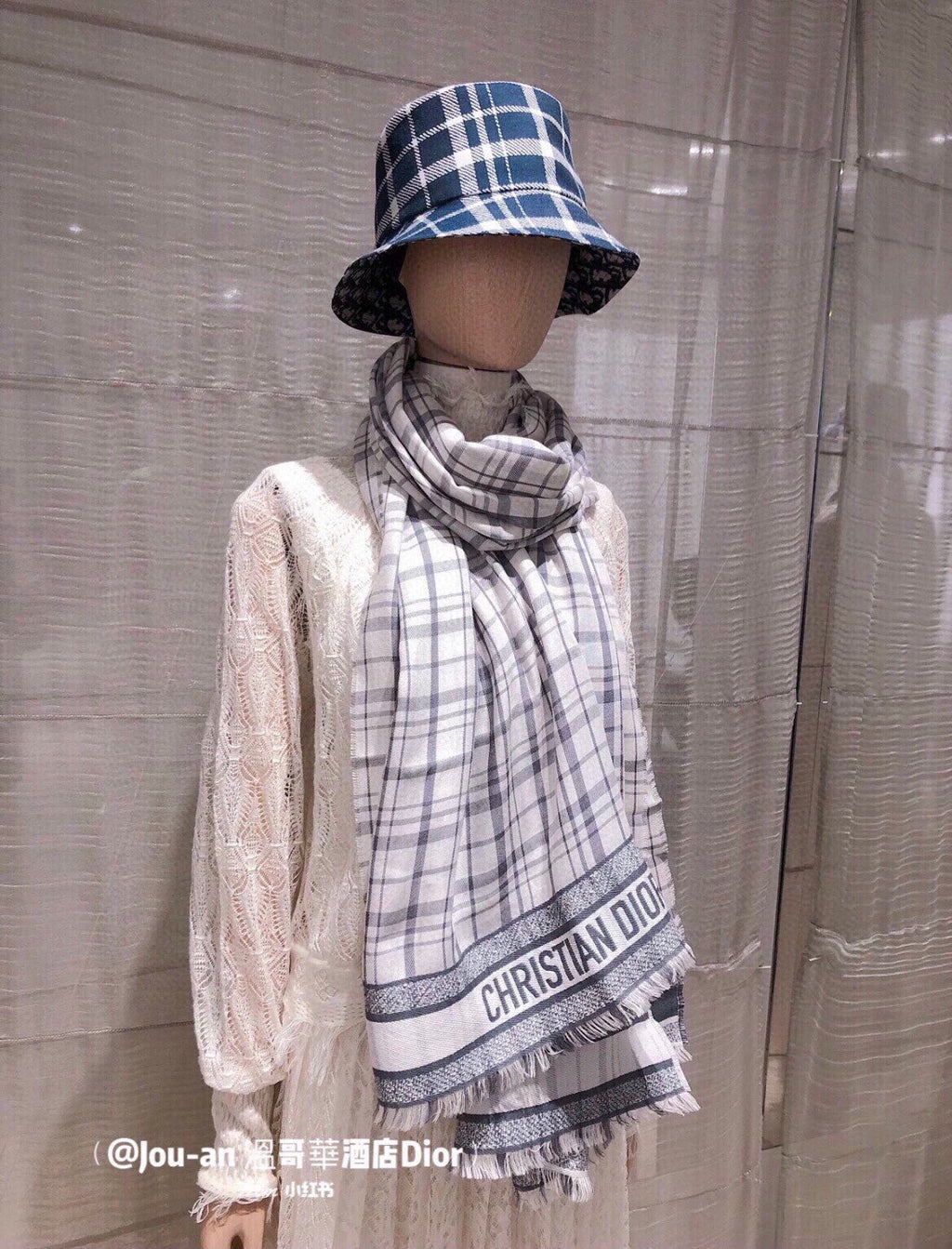 DIOR SCARF 200 CM IN BLACK MIX WHITE CASHMERE AND SILK 418334