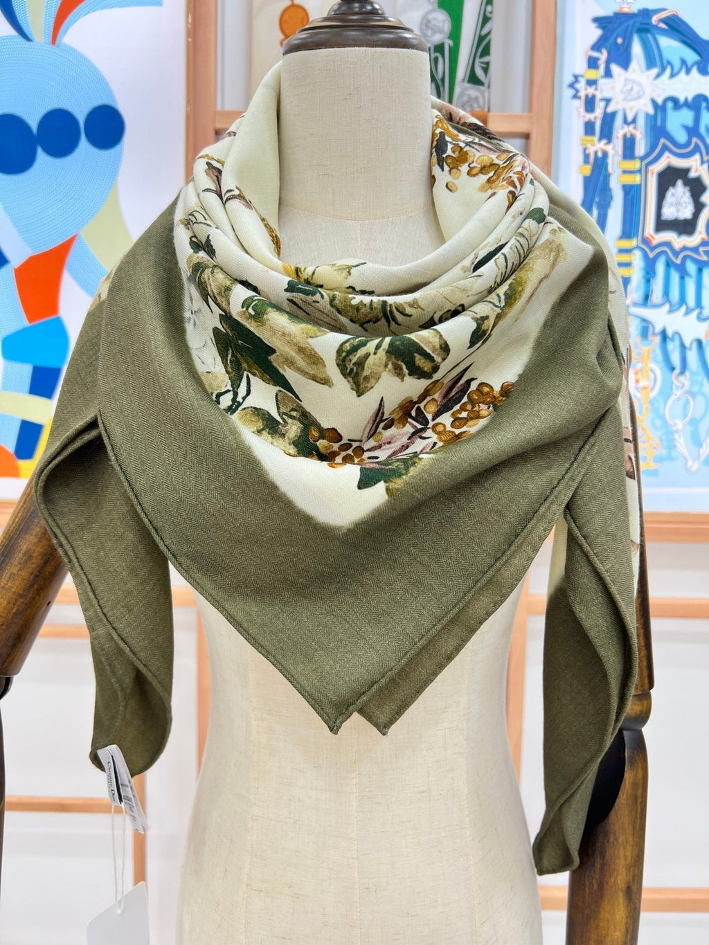 DIOR REVERSIBLE SCARF 140 CM IN CREAM WHITE MIX GREEN WOOL-SILK FABRIC 735876