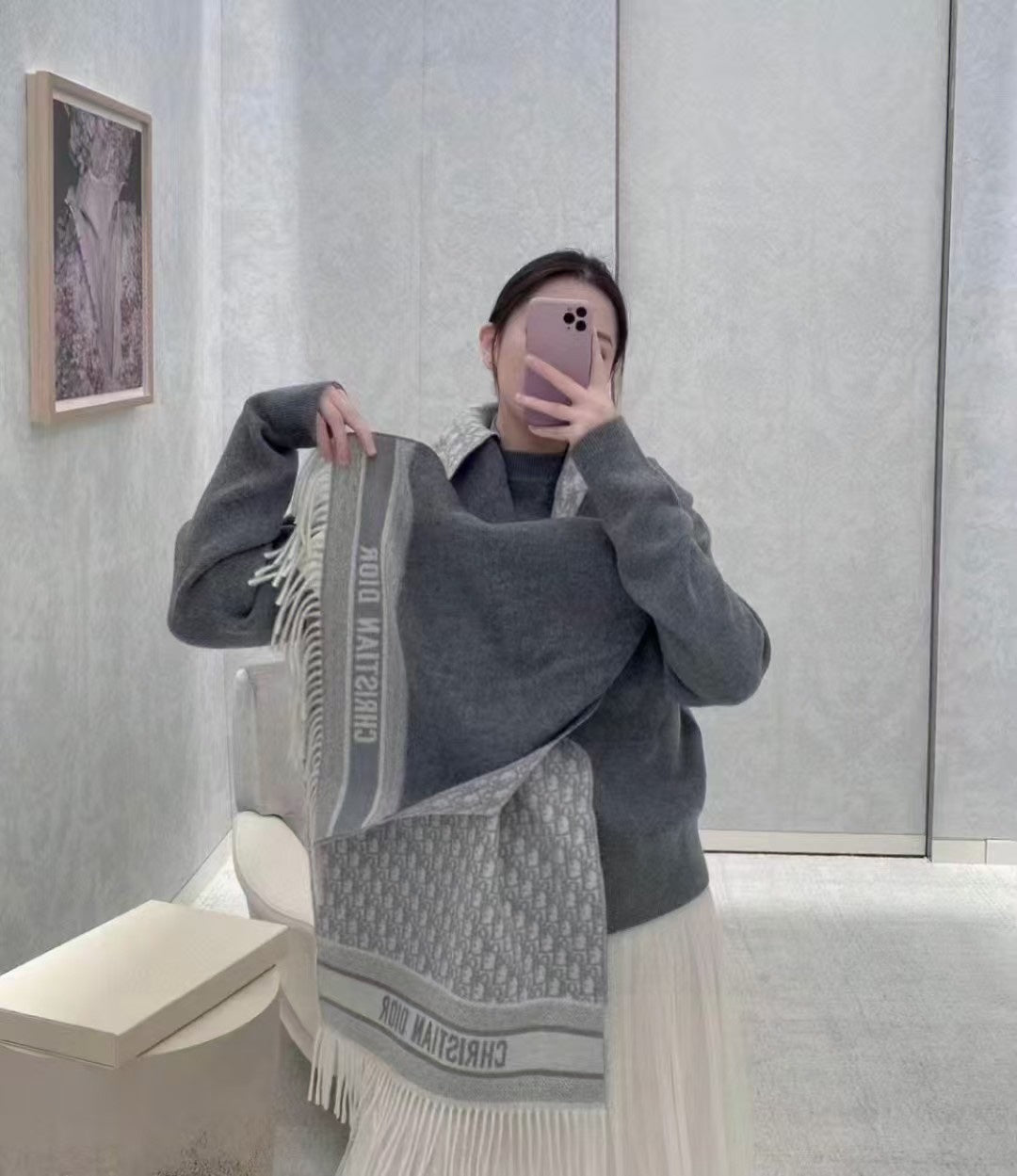 DIOR OBLIQUE 190 CM SCARF IN LIGHT GREY TECHNICAL CASHMERE 415487