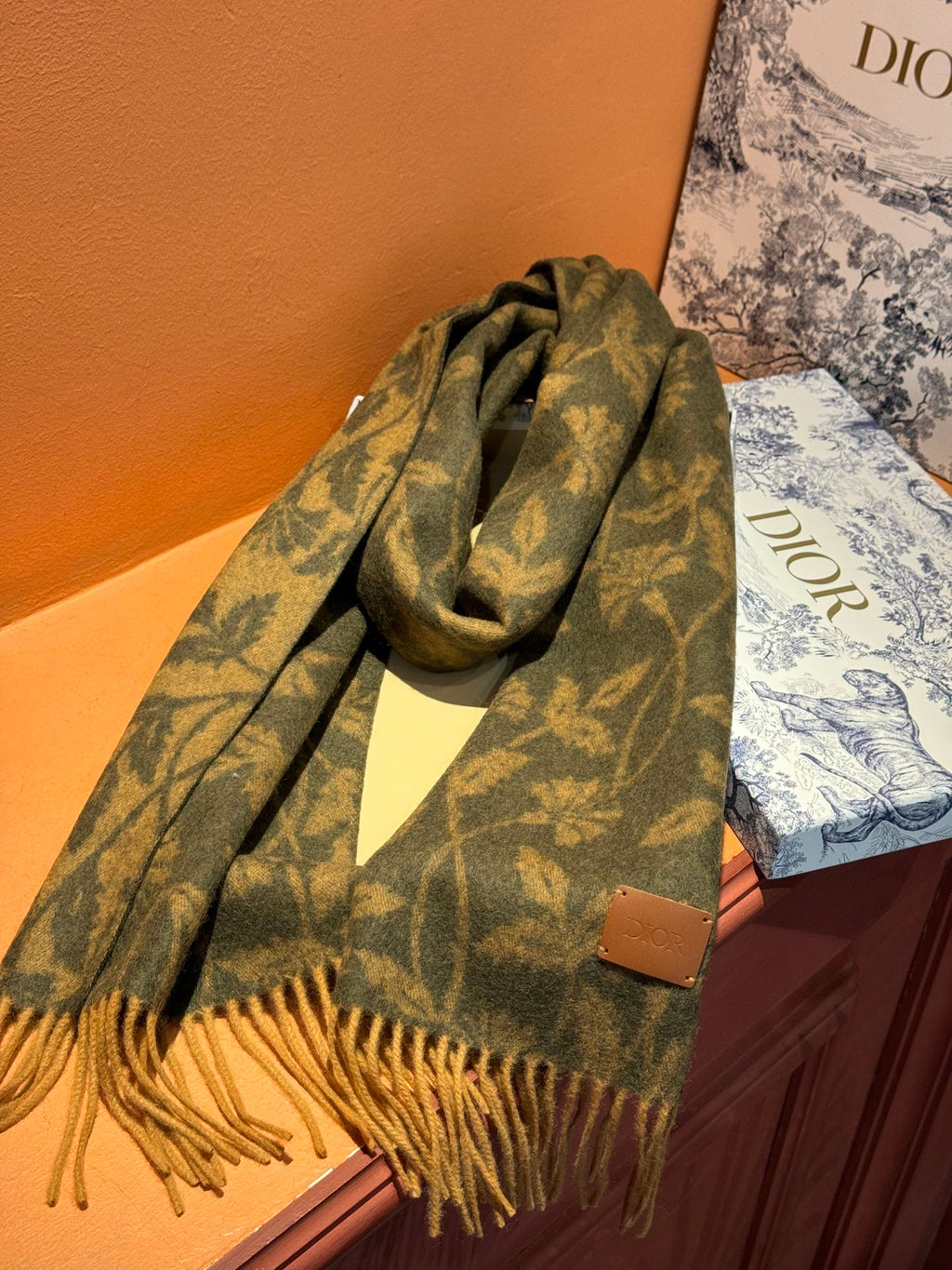 DIOR SCARF 180 CM IN OLIVE GREEN MONOGRAM CASHMERE 394642